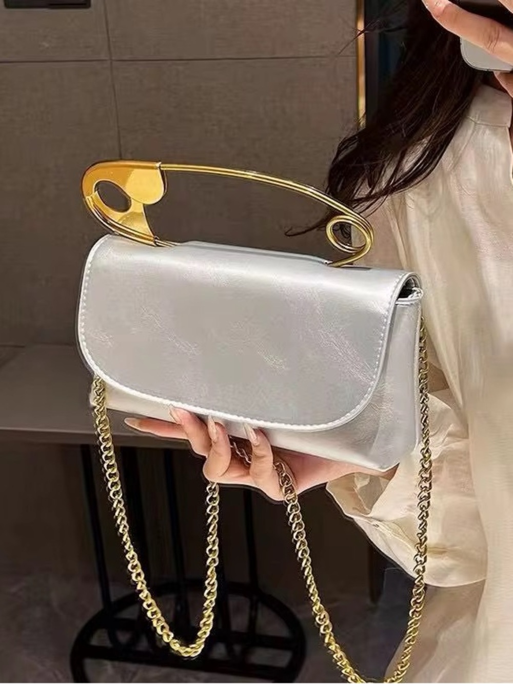 Metallic Silver Shoulder Bag with Gold Safety-Pin Handle